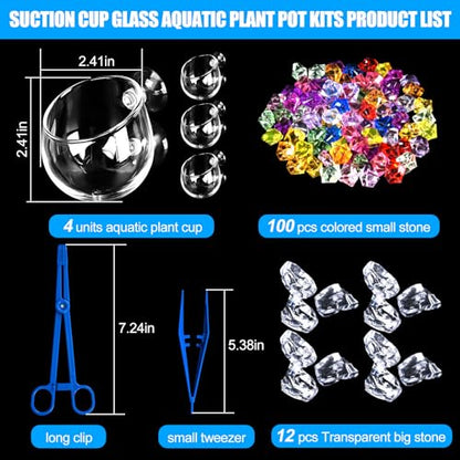 4pcs Glass Aquarium Decor Plants Pot，Crystal Aquatic Plant Pot with Suction Cup, Betta Resting Bed Spot，Aquarium Planter Landscaping Cup with Stones Clip and Tweezers (4pcs Glass Aquarium Plant Pot) - size: 4pcs glass aquarium plant pot