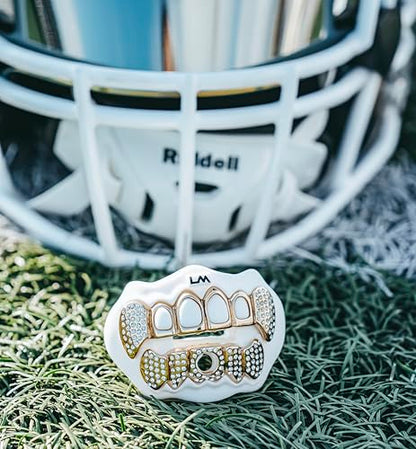 Loudmouth Football Mouth Guard - 3D Chrome Grillz Football Mouthpiece, Fits Adult & Youth, Mouth Guard Accessories (3D Grillz Bling - Chrome White/Gold) - color: 3d Grillz Bling - Chrome White/Gold