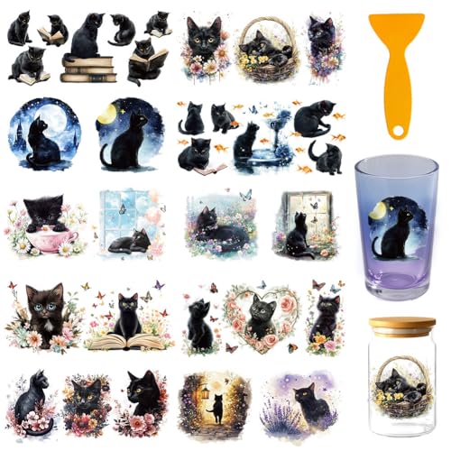 32 Pcs Black Cat UV DTF Cup Wraps for 16OZ Glass, Kitten Theme UV DTF Transfer Stickers Decals Pet Animals Waterproof Rub on Transfer Stickers for Glass Bottle Vase Furniture Crafts - style: Black Cat