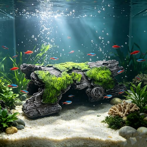 Teaeeno Faux Log Fish Cave, Predator Control and Decorative Shelter for Koi and Fish, Ponds, Aquariums, Aquarium Décor Ornaments (Green)