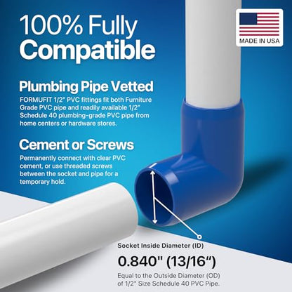 1/2” 90 Degree Elbow Furniture Grade PVC Fitting in Blue, Made in USA, UV-Resistant, Impact-Proof, 0.840” Actual Socket Diameter (Pack of 10) - F01290E-BL-10 - color: Blue