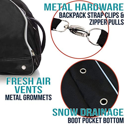 Athletico Ski Boot Bag – Skiing and Snowboarding Travel Luggage – Stores Gear Including Jacket, Helmet, Goggles, Gloves & Accessories – Venting and Grommets for Snow Drainage - color: Black with White Trim