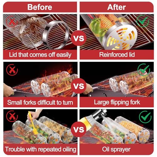 Grill Basket 2 PCS, Rolling Grill Baskets for Outdoor Grill, Grilling Accessories, Stainless Steel BBQ Net Tube Baskets with Oil Sprayer for Veggies, Shrimp, Grilling Gifts for Men