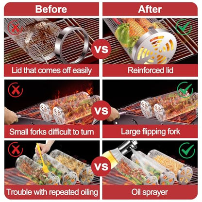 Grill Basket 2 PCS, Rolling Grill Baskets for Outdoor Grill, Grilling Accessories, Stainless Steel BBQ Net Tube Baskets with Oil Sprayer for Veggies, Shrimp, Grilling Gifts for Men