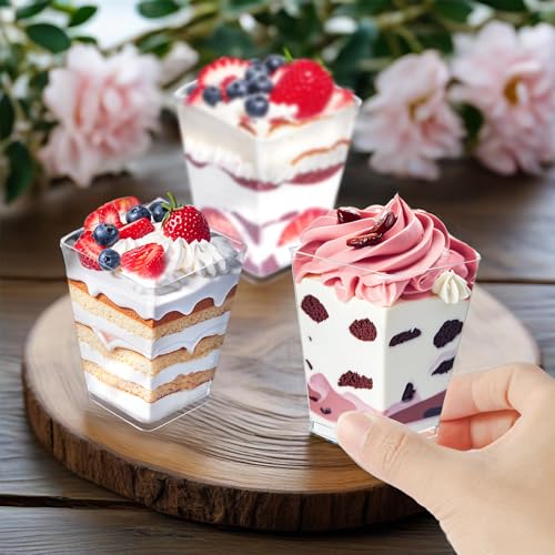 50 Pack Dessert Cups with Spoons, 5oz Plastic Yogurt Parfait Cups, Mini Square Dessert Cups with Spoons, Transparent Dessert Shooter Cups for Pudding, Mousse, Fruit, Dessert and Ice Cream