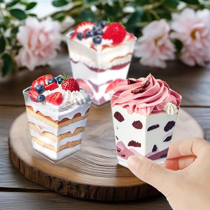 50 Pack Dessert Cups with Spoons, 5oz Plastic Yogurt Parfait Cups, Mini Square Dessert Cups with Spoons, Transparent Dessert Shooter Cups for Pudding, Mousse, Fruit, Dessert and Ice Cream