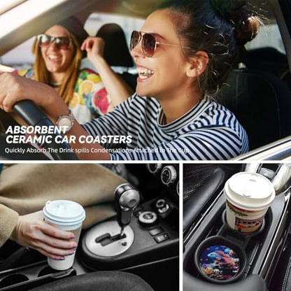 Coral Reef Fish Aquarium Ceramic Car Coasters 2 Pack 2.56 in, Absorbent Insert Cupholder Coaster Car Cup Holder Mat with Finger Notch Non-Slip Cork Base Reusable Drink Coasters