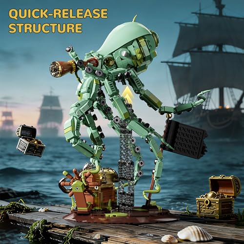 Steampunk Pirate Octopus Building Set for Adults, Mechanical Ocean Animal Collectible Model with Treasure Chest & Flag, Idea Gift for Teens Desk Decor Display -1128pcs