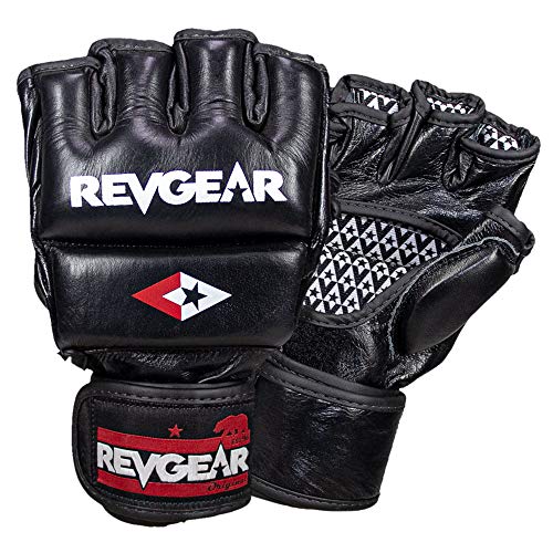 Revgear Pro Series Deluxe Leather MMA Glove | Gel Sparring Gloves | Double Padding | Extra Wrist Protection (Black, X-Large)