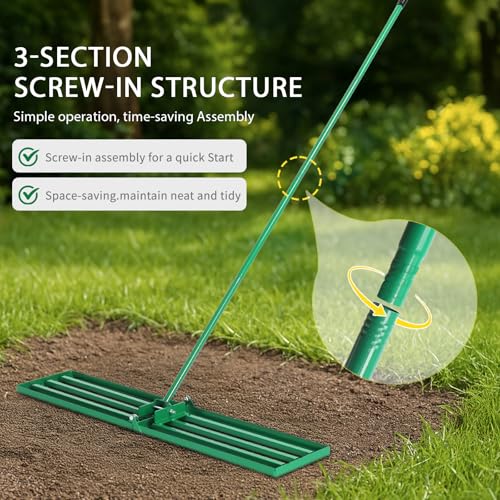 Lawn Leveling Rake, Level Lawn Tool, Heavy-Duty Lawn Leveler with 75inch Steel Extended Handle, Yard Leveling Rake for Creating a Flat Surface,for Soil, Dirt, Topdressing, and Ground (30" x 10")