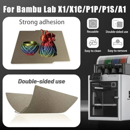JUUPINE Gold PEI Sheet for Bambu Lab P2S/X2D/X1/X1C/X1E/P1P/P1S/A1 Carbon Build Plate HeatingBed Spring Steel Flexible Platform 256x256mm Double Side Textured Hotbed for 3D Printer - color: Double-sided textured PEI