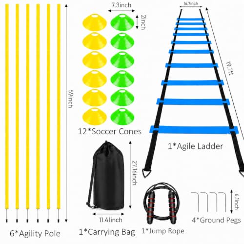 20Ft Agility Ladder Training Equipment for Soccer 12 Cones, Solo Soccer Trainer, Jump Rope Speed Football Gifts for boy - color: Blue