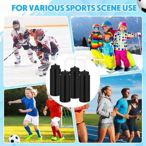 Domensi 4 Pack 32 oz Hockey Sports Water Bottle with Long Straw Easy Squeeze Plastic Bottle Helmet Friendly for Sport Hockey Football Lacrosse(Black,Classic) - color: Black