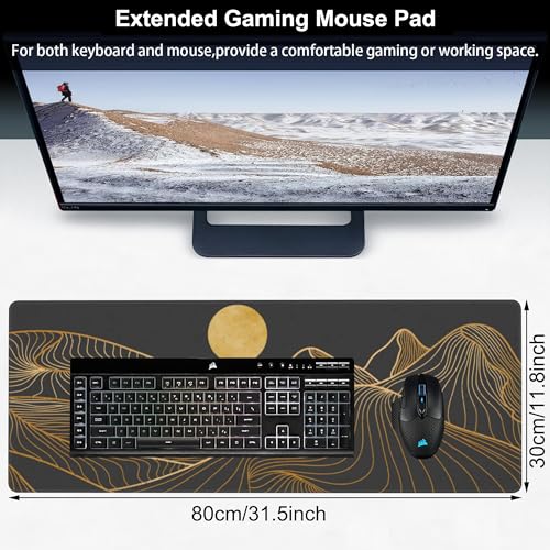 Abstract Golden Mountain Desk Mat,Large Gold Line Art Gaming Keyboard Mouse Pad,Non-Slip Rubber Base Desk Pad Thick Stitched Edges Waterproof Mousepad Mouse Mat 31.5"x11.8" - color: Abstract Golden Mountain