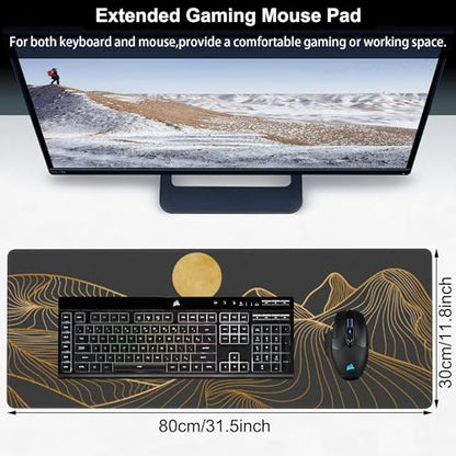 Abstract Golden Mountain Desk Mat,Large Gold Line Art Gaming Keyboard Mouse Pad,Non-Slip Rubber Base Desk Pad Thick Stitched Edges Waterproof Mousepad Mouse Mat 31.5"x11.8" - color: Abstract Golden Mountain