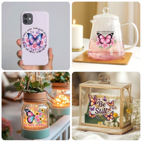 Peacoblue 18 Sheets Rub on Transfers for Crafts, Bible and Butterfly 3.6"x3.9" UV DTF Cup Wraps Waterproof Rub on Cold Transfers Stickers for Wood Glass Metal Cup Tumblers Mirrors Mugs Home Decor - style: Bible And Butterfly