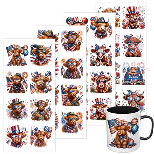 4 PCS Patriotic Highland Cows UV DTF Cup Wrap High Viscosity Stickers for Glass Mugs Notebooks Laptops - style: Patriotic Highland Cows