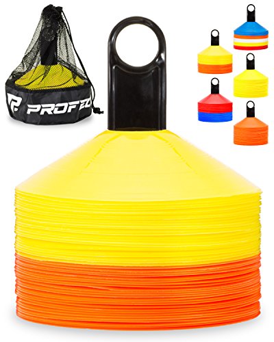 Pro Disc Cones (Set of 50) - Agility Soccer Cones with Carry Bag and Holder for Sports Training, Football, Basketball, Coaching, Practice Equipment, Kids - Includes 15 Best Cone Drills Book - color: Orange and Yellow