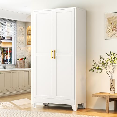 75.2" Tall Metal Storage Cabinet with 2 Doors and 5 Adjustable Shelves, New upgrade Kitchen Pantry Cabinet, White Freestanding Cupboard, 6 Tier Steel Storage for Office, Kitchen, Dining, Garage - color: White, size: 18"D x 36"W x 75.2"H