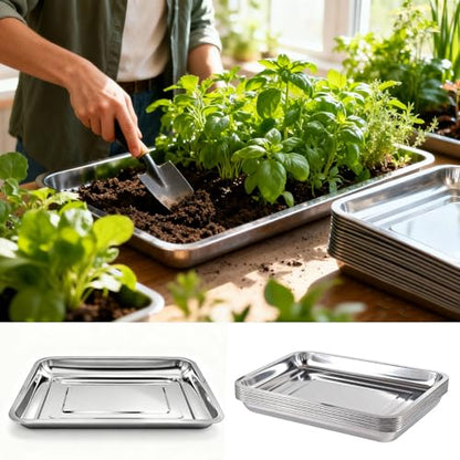 10-Pack 16 Inch Stainless Steel Growing Trays, Heavy-Duty Metal Sprouting Tray for Plants, Stainless Steel Plant Germination Trays for Hydroponics, Transplanting (Silver) - size: 10 Pack 16 Inch Silver