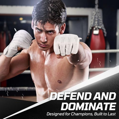 Flexzion MMA Gloves Fingerless Boxing Gloves for Men Women and Teen Youth, UFC Grappling Krav MAGA Kickboxing Gloves for Training Punching Bag Muay Thai Hitting Mitts Cutoff Martial Art Gloves - color: White