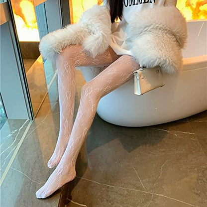 Verdancy 2Pcs Women’s Ultra Stretchable Pantyhose Hollow Floral Patterned Lace Stockings Fishnet Tights Plus Size - color: 2pcs Black & White Tree Vine