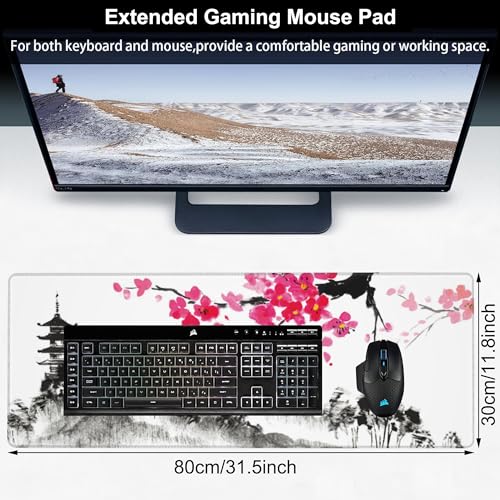 Chinese Ink Painting Desk Mat,Large Abstract Landscape Painting Gaming Keyboard Mouse Pad,Non-Slip Rubber Base Desk Pad Thick Stitched Edges Waterproof Mousepad Mouse Mat 31.5"x11.8" - color: Chinese Ink Painting