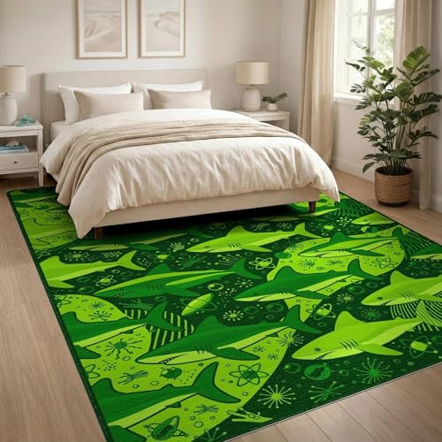 8'x10' Washable Graphic Shark Large Rug, Bright Green Non-Shedding Pet Friendly Carpet for King Size Bedroom, Master Suite, Under Bed, Foldable Easy Care Mat | Ref:2068607 - color: Green/Pattern 48, size: 8' x 10' (Rectangular)