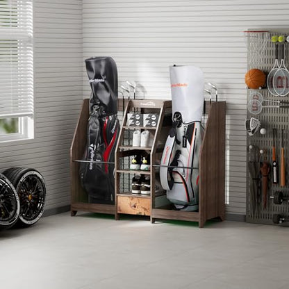 Golf Bag Storage Organizer Holds 2 Golf Bags for Garage - Wooden Rack - color: Black