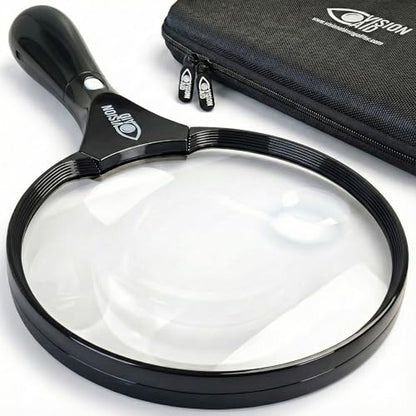 Large 5.5" Magnifying Glass with LED Light (USB Rechargeable) and Hard Case — Handheld Illuminated Magnifier for Reading — Lightweight