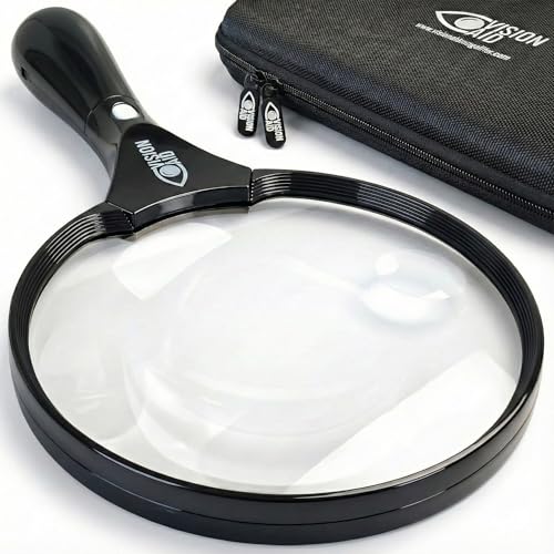 Large 5.5" Magnifying Glass with LED Light (USB Rechargeable) and Hard Case — Handheld Illuminated Magnifier for Reading — Lightweight