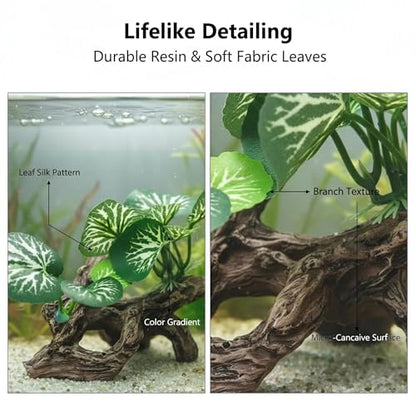Aquarium Driftwood Decor 4 Inch - Resin Driftwood with Silk Plant Leaves, Fish Tank Decoration for Betta, African Dwarf Frog, Shrimp Hideout