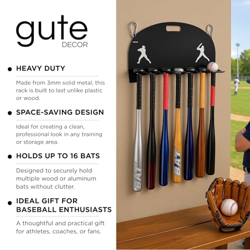 GUTE Baseball Bat Rack Holds 16 Bats Metal Wall Mount Organizer Heavy Duty Garage Storage Caddy Fence Holder - Black