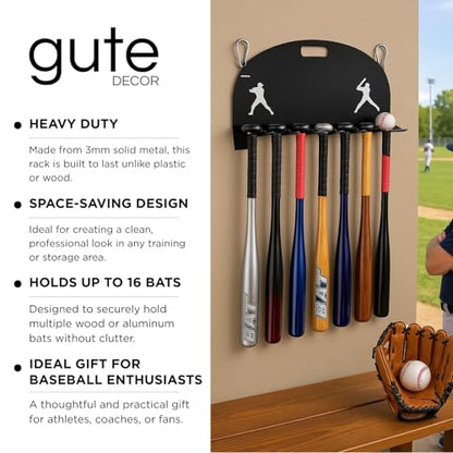 GUTE Baseball Bat Rack Holds 16 Bats Metal Wall Mount Organizer Heavy Duty Garage Storage Caddy Fence Holder - Black