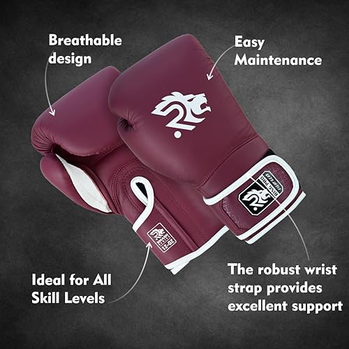 Ring Pro Leather Boxing Gloves with Strap – Premium for Training, Sparring, MMA, Kickboxing, Muay Thai (Unisex) - color: Maroon, size: 12 oz