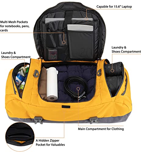 Ubon Convertible Duffel Backpack Weekender Gym Bag with Shoe Compartment - color: Yellow, size: 55L