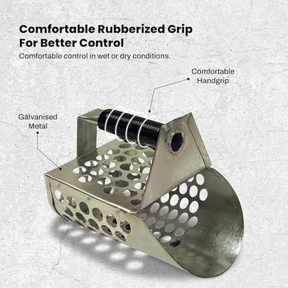 Fisher Galvanized Metal Sand Scoop with Filtering Holes, Heavy Duty Design, Rubberized Grip, and No-Slip Ergonomic Handle for Efficient Sifting and Sand Digging