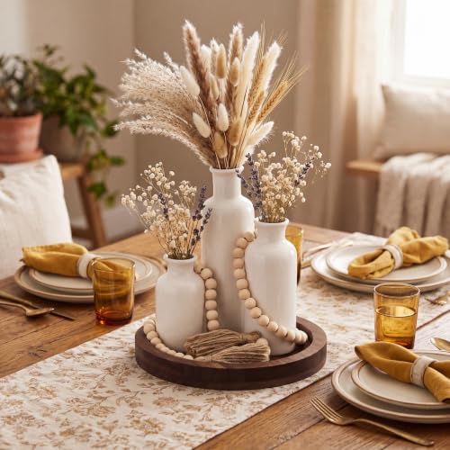 5 Pcs Rustic Country Tabletop Centerpieces Decor Set of 3 Boho Ceramic Vases with Wooden Serving Tray Wood Bead Garland Tassels Table Holder for Home Decorations(Dark Brown)