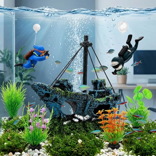 Fish Tank Decor, 7 Pcs Aquarium Decorations Set with Shipwreck Decoration, Little Diver and Fish Tank Plants, Betta Fish Tank Accessories for Visual Enhancement