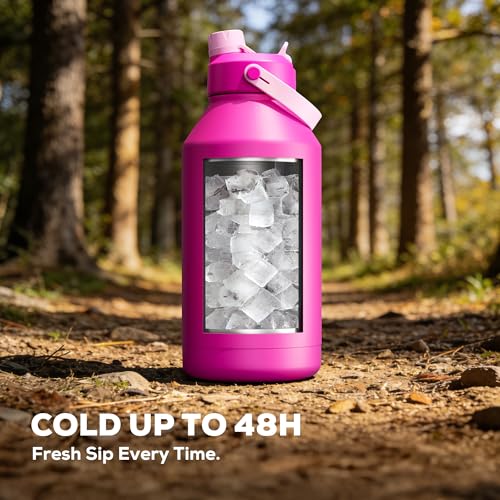 POWCAN 64 oz Insulated Metal Water Bottle for Women: 2-in-1 Straw & Spout Lid, Keep Cold 48H, Leakproof, Carrier Bag, Half Gallon Stainless Steel Water Bottle for Sports, Travel, and Fitness (Peony) - color: Peony