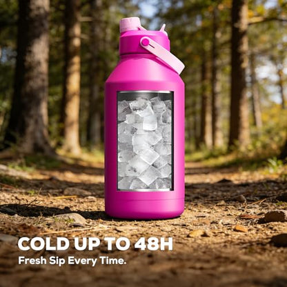 POWCAN 64 oz Insulated Metal Water Bottle for Women: 2-in-1 Straw & Spout Lid, Keep Cold 48H, Leakproof, Carrier Bag, Half Gallon Stainless Steel Water Bottle for Sports, Travel, and Fitness (Peony) - color: Peony