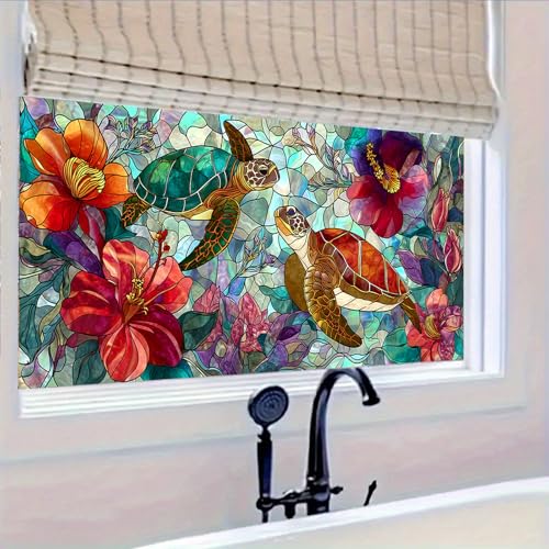 Window Film Sea Turtle Tropical Flower Design PVC Privacy Window Film for Glass Panels 39.3x17.7 Inches Bathroom Living Room Stained Glass Windows Film Static Cling Decorative Home Decor