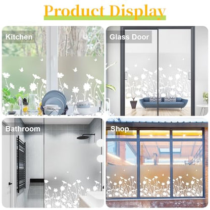Bloss Window Privacy Film Pure White Flowers Pattern Glass Window Film,Sun Blocking Window Film,Day and Night Privacy Heat Blocking Non-Adhesive Window Tint for Home Office 29.5 x 118inches - color: Flower, size: 29.5" x 118"