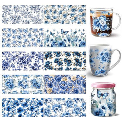 10 Sheets Flower UV DTF Cup Wraps for 16 OZ Glass, Blue Flower Rub on Transfers Waterproof PVC UV DTF Transfer Stickers for DIY Laptop Phone Case Decor - style: Blue Flower