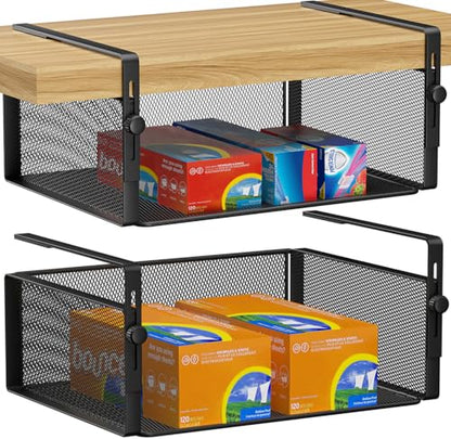 2Pack Under Shelf Basket Organizer,Adjustable Hanging Holder for Cabinet Pantry Kitchen Cupboard Desk Counter Bookshelf Organization Add-on Space Saver Heavy Duty Slide-in (Black, Large)