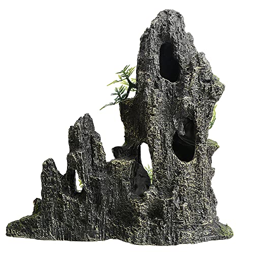 11 Inch Large Aquarium Decor, Tall Resin Mountain Rock Cave with Plants for Natural Aquascape – Realistic Fish Tank Decorations & Hiding Place for Betta, Shrimp, Cichlids
