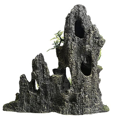11 Inch Large Aquarium Decor, Tall Resin Mountain Rock Cave with Plants for Natural Aquascape – Realistic Fish Tank Decorations & Hiding Place for Betta, Shrimp, Cichlids