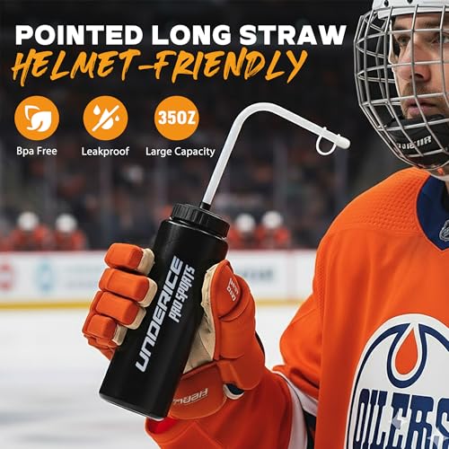UICE Water Bottle with Straw,1 Liter Easy Squeeze Bottles for Hockey Curved Long Straw Built In Finger Grip,Sports Water Bottle for Football, Lacrosse, Boxing,Fitness-White - color: white