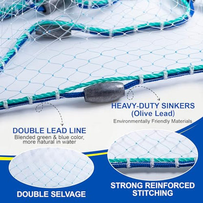 Goture American Fishing Cast Net Saltwater Freshwater, Heavy Duty Sinker, Dual Color Double Selvage, Increased Cast Net Area, 3/8 Mesh Fish Throw Cast Net with Needle for Shrimp Trap, 6Ft Radius