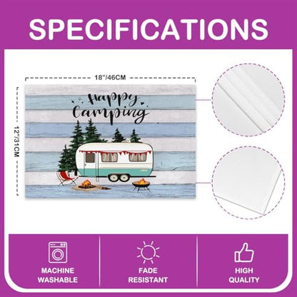 Feelyou Camper Placemats Set of 4 Happy Camping Table Mats Cartoon Camping Car Place Mat for Kitchen Dining Table Party Decor Indoor Outdoor 18"x12" Non-Slip Easy to Clean RV Camping